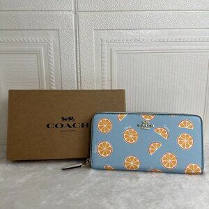 NWT COACH Accordion Zip Wallet With Orange Print IN BLUE